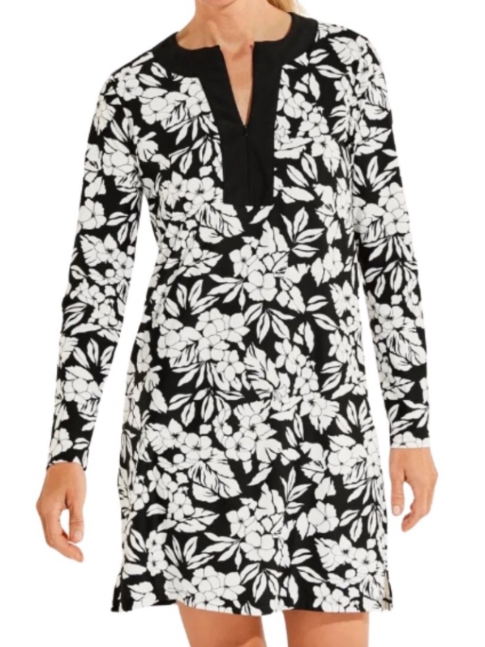 Coolibar UPF 50+ Dress M Black White Floral Long Sleeve Sun Protective Travel